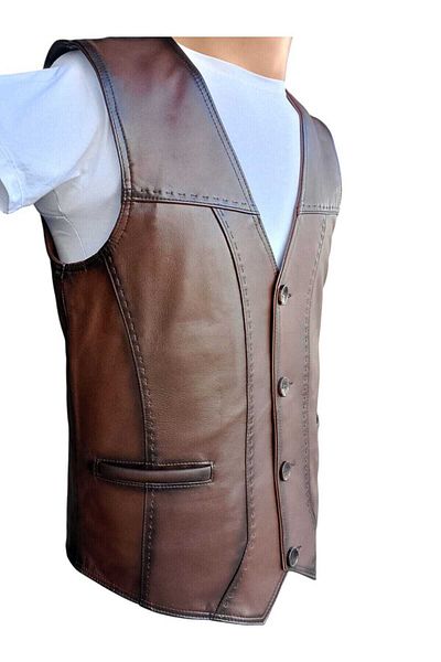 Savran Deri Tan Leather Vest with Punt