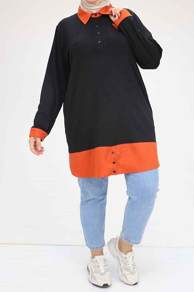 Eslina 58035 Large Size Combination Combed Cotton Tunic - Black-Tile