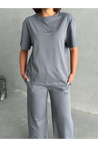 Cappmoda Tkm-0044 Smoked Stay Strong Lettering Injection Print Crew Neck T-Shirt Waist Elastic Palazzo Pants İ