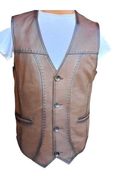 Savran Deri Tan Leather Vest with Punt