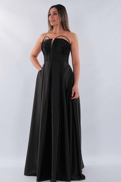 aşkın göksu Black Strapless Chest Ribbon Underwire Detailed Women's Evening Dress