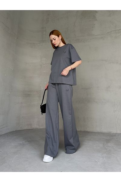 Cappmoda Tkm-0052 Smoked Leaf Pattern Embroidered Crew Neck T-Shirt Waist Tie Palazzo Pants Two-Piece Set