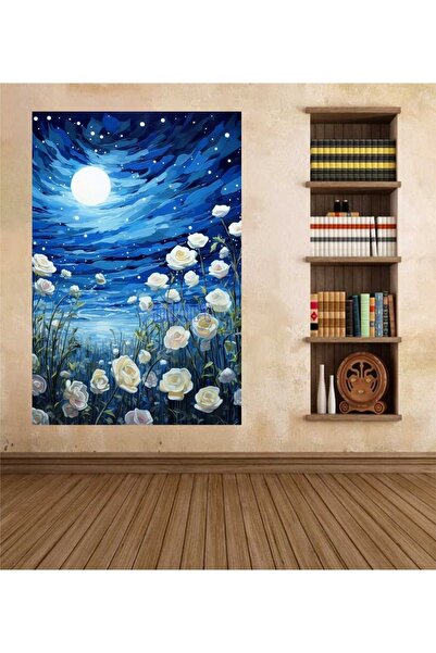 HDART Dekoratif Gece Mavisi Papatya  Çiçek Kanvas Tablo Tablosu
