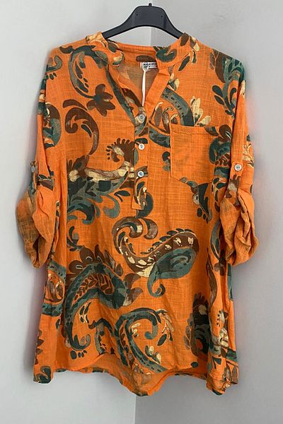 AYASOFYA OTANTIK Women's Italian Orange New Paisley Pattern Button Detailed Folding Orphan Sleeves 100% Cotton Blouse