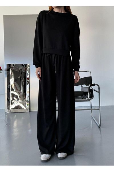 Cappmoda TKM-1103 بلوزة فضفاضة من القماش باللون الأسود مع خصر مرن من Palazzo Bottom بدلة مزدوجة
