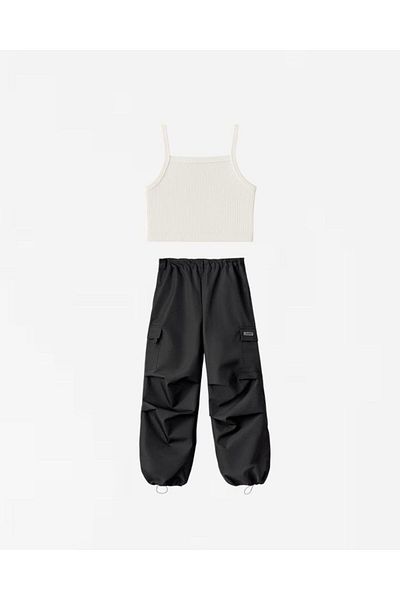 Magu Girl's Cotton Beige Cargo Pants Suit - Crop Tank Top