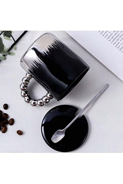 PUFO Opulence ceramic mug with lid and spoon for coffee or tea, 250 ml, black/silver