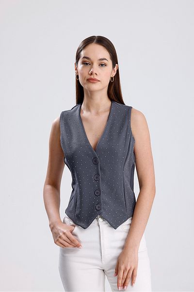LOVES AGAZA Women's Gray V-Neck Stone Fitted Vest