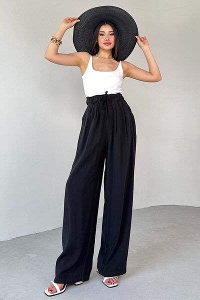 Cappmoda Pnt-07418 Black Elastic Waist Tied Casual Trousers