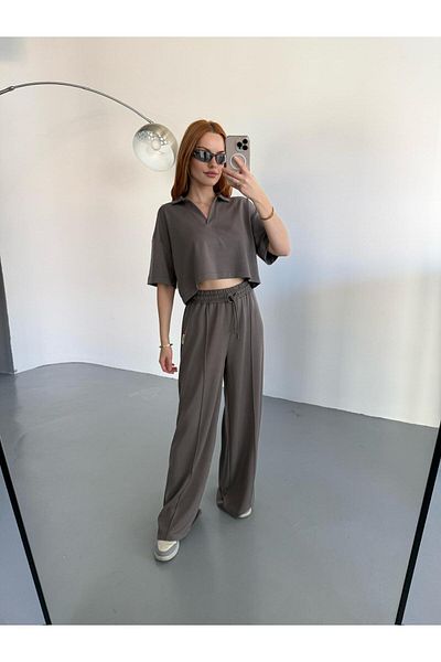 Cappmoda TKM-1112 بلوزة بولو من القماش المدخن برقبة على شكل حرف V وخصر مرن من Palazzo مجموعة مزدوجة