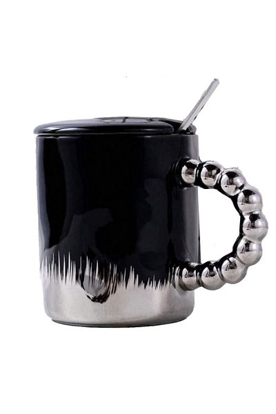 PUFO Cană ceramică Opulence cu capac și linguriță pentru cafea sau ceai, 250 ml, negru/argintiu