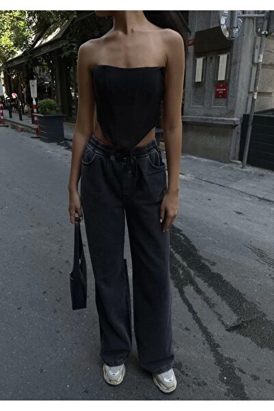 ALPACO Women's Jeans Denim Palazzo Pants with Back Slits - Black