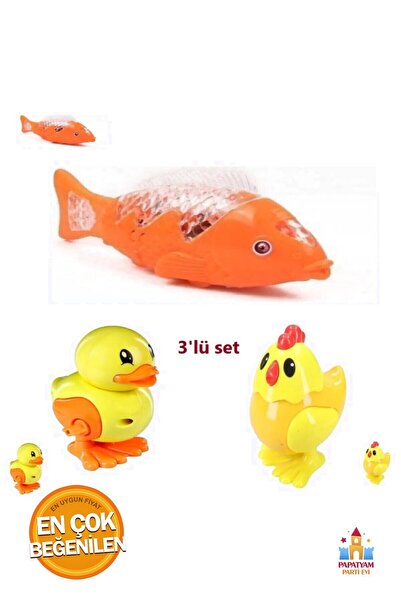 PapatyamPartiEvi 3'lü Set Oyuncak Kırmızı Yürüyen Balık, Ördek ve Civciv Seti...