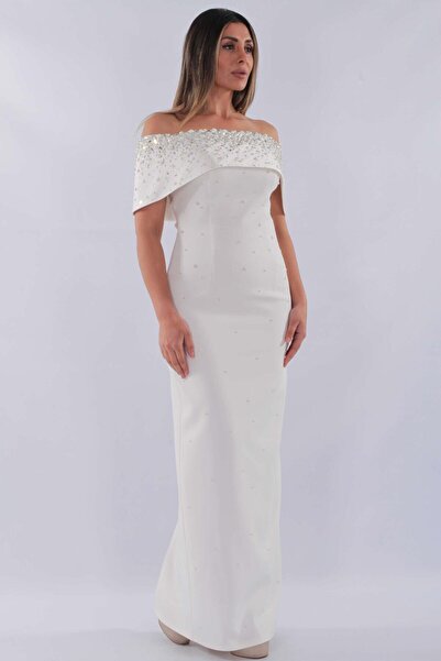 aşkın göksu Kemik Straplez Yaka Düşük Kol Yaka Beden İnci İşlemeli Midi Kadın...