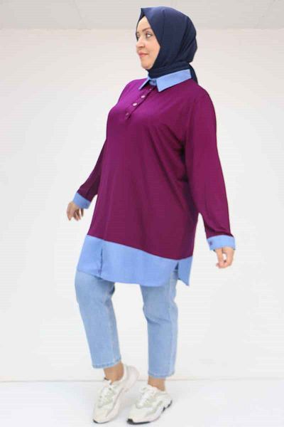 Eslina 58035 Large Size Combination Combed Cotton Tunic - Plum