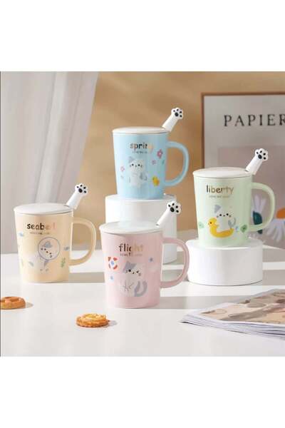 PUFO Ceramic mug with lid and Pufo Love Kitty spoon for coffee or tea, 250 ml, green