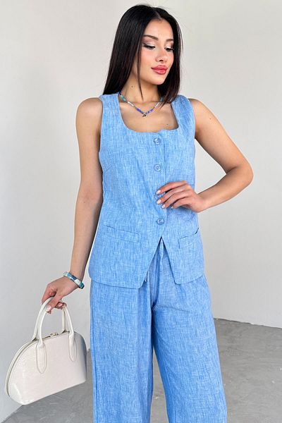 Cappmoda TKM-13275 Vestă cu guler pătrat albastru, pantaloni cu cravată, set din două piese din in