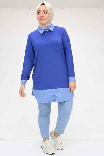Eslina 58035 Large Size Combination Combed Cotton Tunic - Indigo