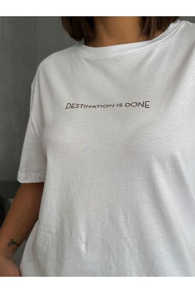 Cappmoda TKM-0048 Mink Destınatıon Is Done Εκτύπωση με έγχυση κειμένου Λεπτομέρεια αυτοκόλλητου μπλουζάκι με λαιμόκοψη Palazzo P