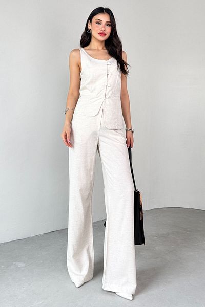 Cappmoda Tkm-13277 Stone Color Round Neck Vest Palazzo Pants Set of Two