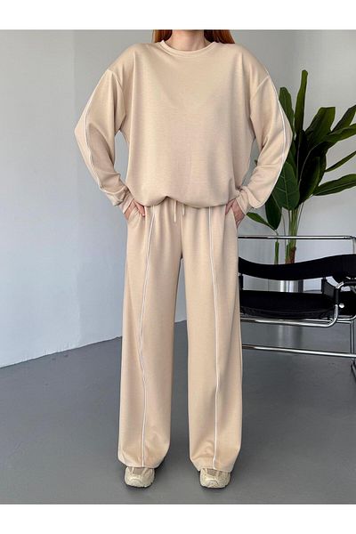 Cappmoda TKM-1109 Κρεμ Χρώμα Παπλωματοθήκη Modal Υφασμάτινη Μπλούζα Casual Palazzo Παντελόνι Σετ δύο τεμαχίων