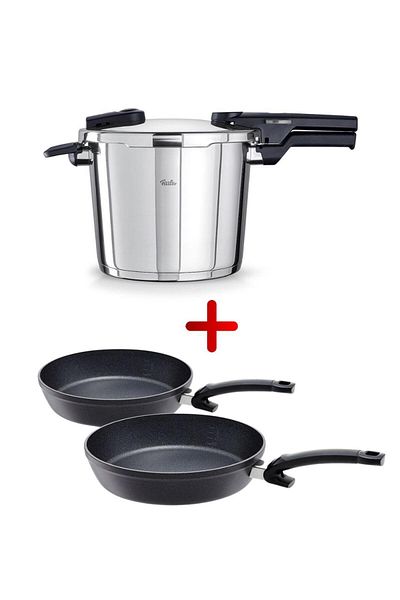 Fissler Vitaquick Glossy Pressure Cooker 6.0L and Adamant Comfort Pan Set 24cm 28 cm