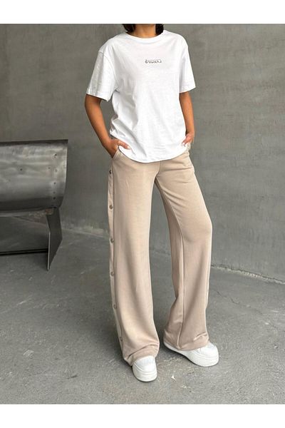 Cappmoda TKM-0049 Μπεζ Χρώμα Γνήσιο Τυπωμένο Μπλουζάκι με λαιμόκοψη με λαιμόκοψη με λεπτομέρεια ελαστικής μέσης Ç