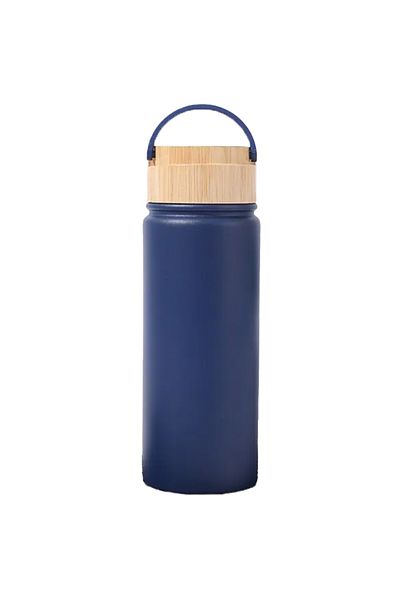 PUFO Termos metalic Traveler cu capac etanș din bambus, izotermic, 500 ml, albastru închis