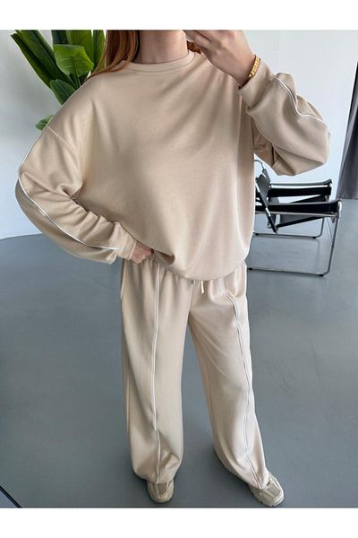 Cappmoda TKM-1109 Κρεμ Χρώμα Παπλωματοθήκη Modal Υφασμάτινη Μπλούζα Casual Palazzo Παντελόνι Σετ δύο τεμαχίων