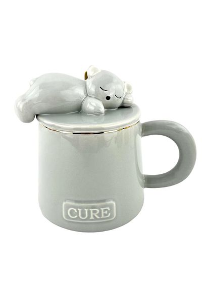 PUFO Sleepy Bear ceramic mug with lid and spoon for coffee or tea, 320 ml, gray