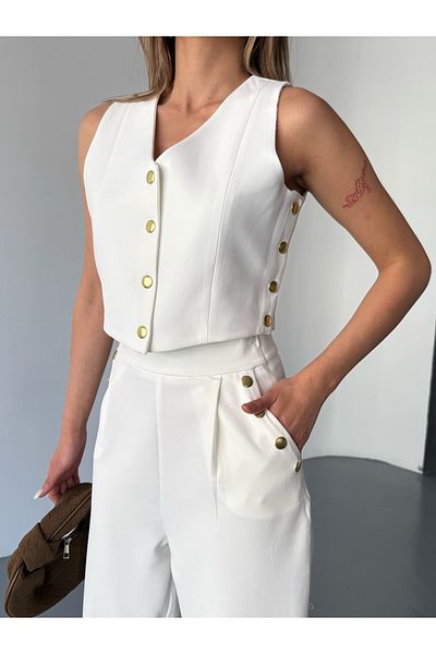 Cappmoda TKM-03674 Λευκό κούμπωμα Λεπτομερές υφασμάτινο γιλέκο Atlas Παντελόνι μοντέλο καρότο Σετ δύο τεμαχίων