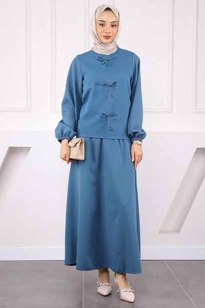 İmajButik Σετ μπλούζα κρεπ μπλούζα με φιόγκο σε μπλε βενζίνη
