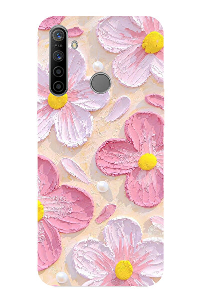TechTree Realme 5i - 6i - C3 Uyumlu Pembe Beyaz Çiçekler Sulu Boya Şeffaf Silikon Kılıf