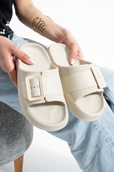 MODA BULVARI Beige Outdoor Women's Slippers Non-Slip Single Buckle Adjustable Eva Bathroom Garden Pool Beach Slippers