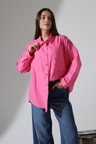 Corradeo Giyim New Season Poplin Fabric Double Pocket Oversize Dark Pink Women's Tunic Shirt