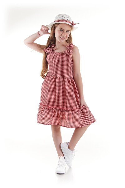 AHENGİM Girl's Dress - SeersucKer Gingham and Hat Set Ak2524