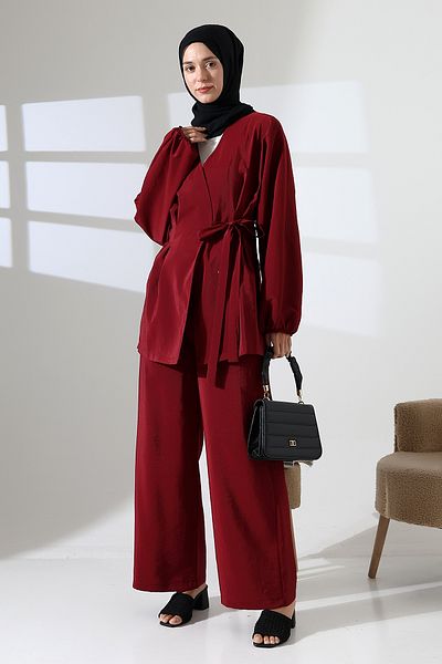 Mihran Butik Women's 100% Cotton Modal Burgundy Kimono Pants Hijab Suit