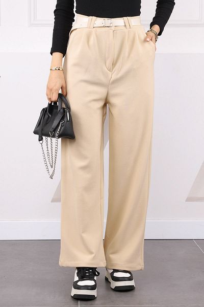 İmajButik Μπεζ διπλό πλισέ ζώνη Lycra Palazzo Παντελόνι