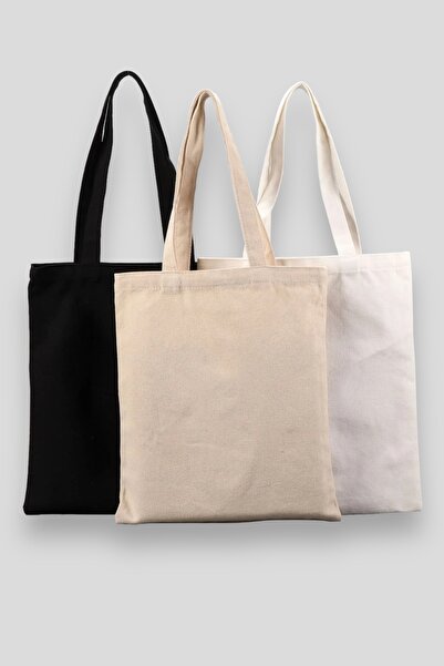 serkan çanta Unprinted Cloth Bag 35X40 3 Pieces with Handle (1 Natural, 1 Bla...