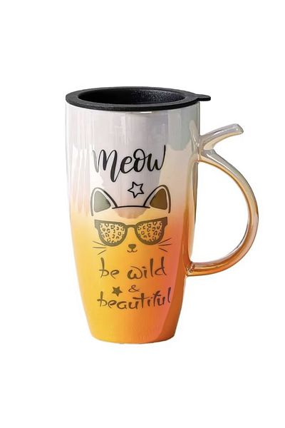 PUFO Tall ceramic mug with lid Pufo Wild & Beautiful, for coffee or tea, 450 ml