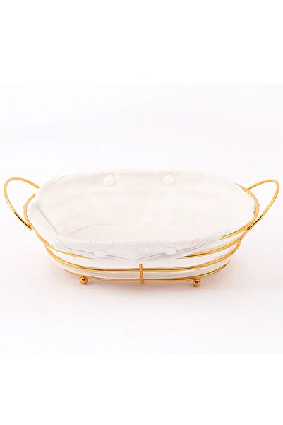 PUFO Oval metal basket kitchen for serving bread, with legs and removable textile cover, 26 x 19 cm, gold