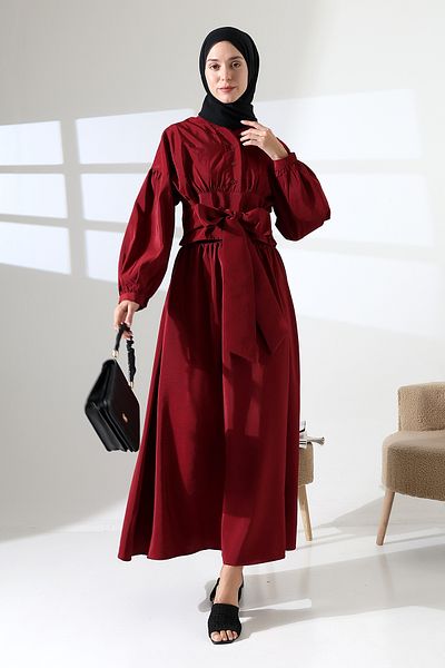 Mihran Butik Γυναικείο 100% βαμβακερό μπορντό πουκάμισο με φούστα Hijab