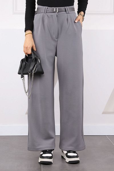 İmajButik Γκρι διπλό πλισέ ζώνη Lycra Palazzo Παντελόνι