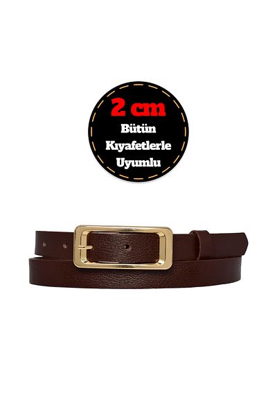 GoDeri 100% Orange Color Genuine Leather, 2 cm Rectangle Dark Brown Women's Belt; Dress, Pants