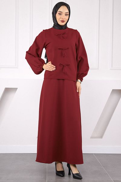 İmajButik Σετ μπλούζα κρεπ μπλούζα μπορντό με φιόγκο στο μπροστινό μέρος