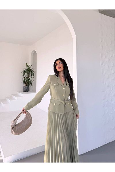 NILOO New Season Pleated Skirt Belted Jacket Set