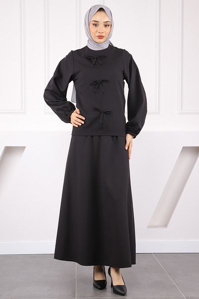 İmajButik Μαύρο Φιόγκο Κρεπ Μπλούζα Φούστα Κοστούμι
