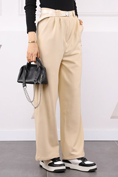 İmajButik Beige Double Pleated Belted Lycra Palazzo Trousers