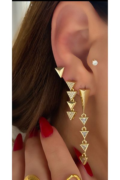 AychaAksesuar Steel Vip Series Pendant Triangle Zircon Stone 3-Piece Earring Set