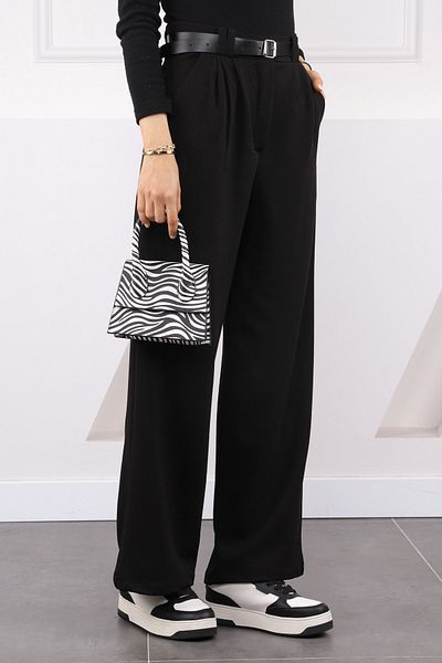 İmajButik Μαύρο Παντελόνι Palazzo Lycra με διπλή πλισέ ζώνη
